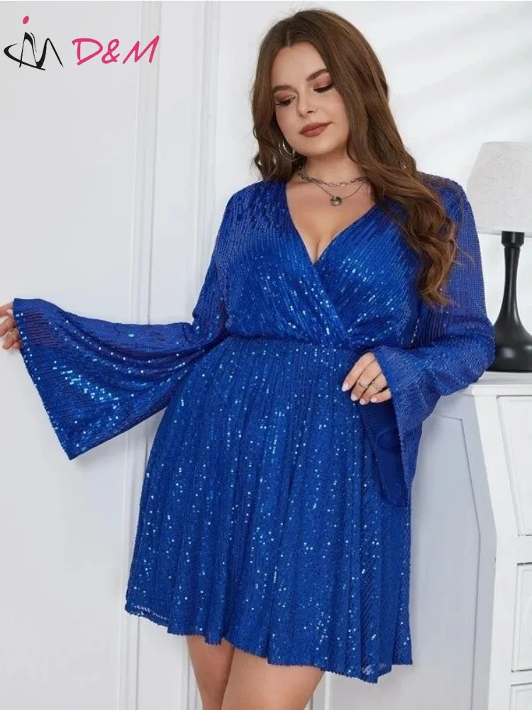 D & M-Vestidos elegantes y bonitos Para Mujer, ropa de noche con manga trompeta y lentejuelas, talla grande 4XL