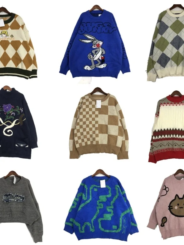 

Vintage Women's Woolen Knitted Sweater Winter Warm Fce Netie Cartoon Embroidery Street Sle Straight Fit Long Sve