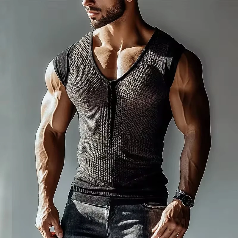 New Breathable Cool Motorcycle Street Fashion Vest, Sexy Sheer Gauze Muscle Men's Tank Top, Bar Club Party Men's Performance Top
