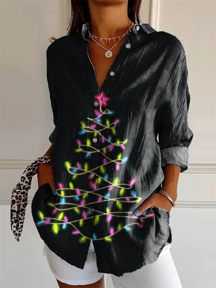 

2025 Fashion Women's Shirt Holiday Lights 3D Print Collared Long-Sleeve Shirt Casual Outdoor Streetwear Breathable Shirt