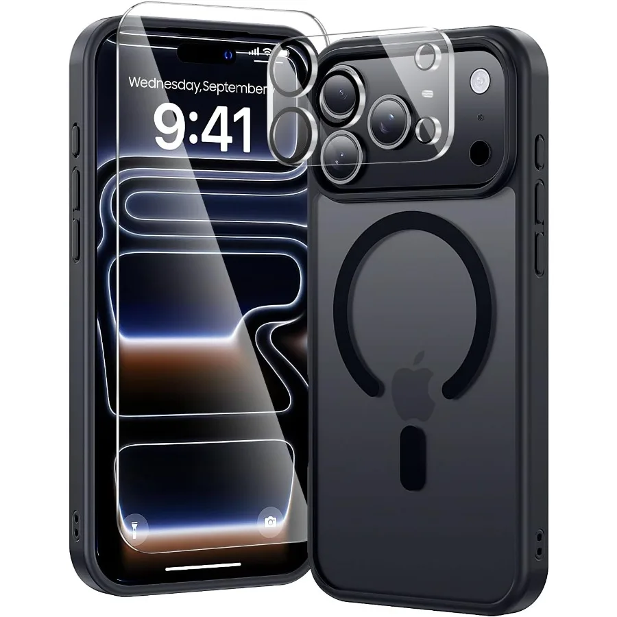 

Защитный чехол 3 в 1, для iPhone 17 Pro Max с матовой черной отделкой, обеспечивает защиту в стиле милитари, совместим с MagSafe Incl