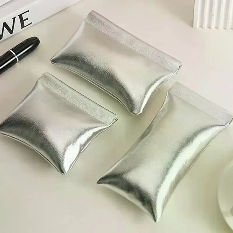 Super Cool Small Silver Wallet Portable Data Cable Storage Bag Snap Automatic Closure Wired Earphone Mini Digital Pouch