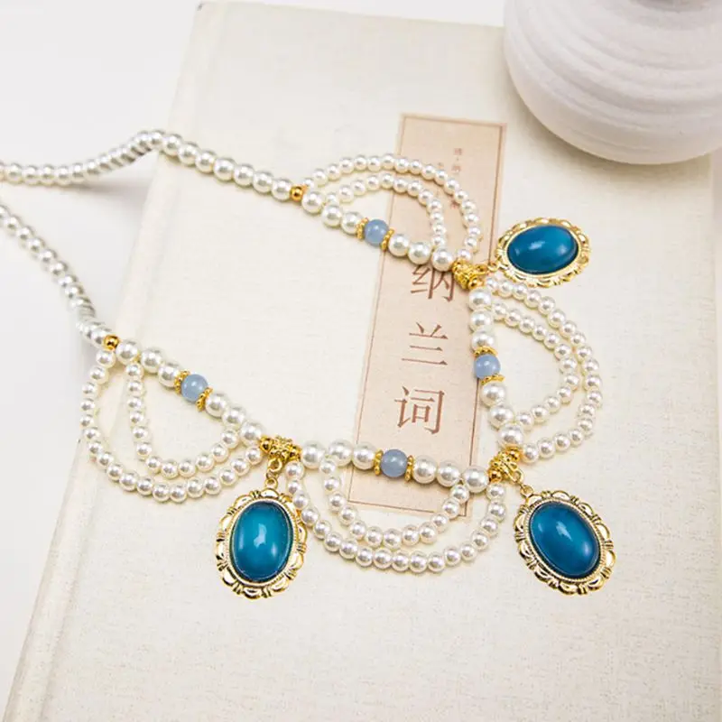 Vintage Ancient Chinese Hanfu Necklace Stimulated Pearls Bead Pendant Women Necklace