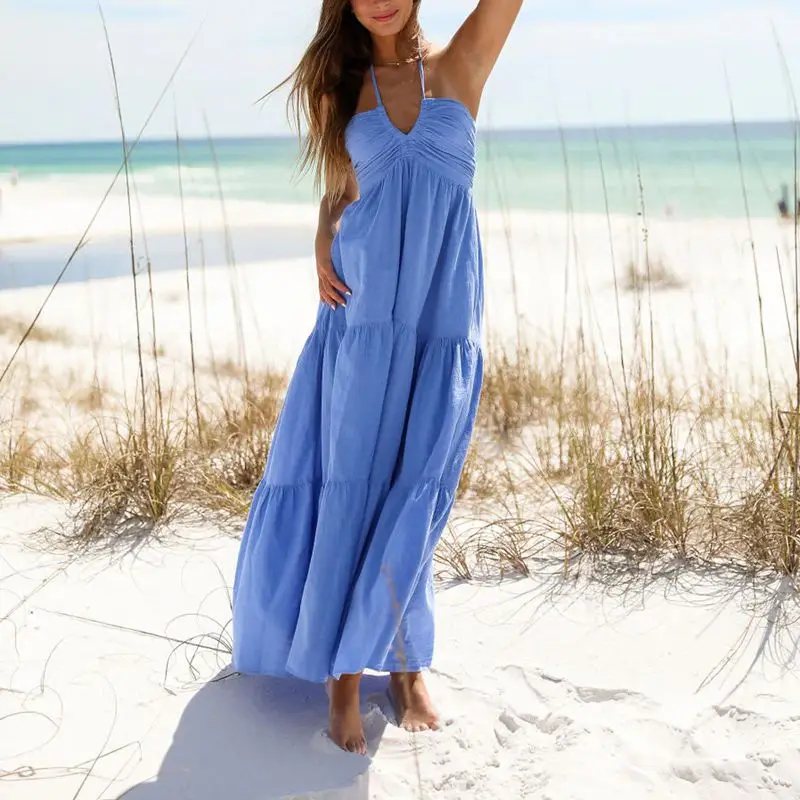 

Combhasaki женское летнее свободное струящееся длинное платье трапециевидной формы со шнуровкой и лямкой на шее, с рюшами и подолом, с бантом и вырезом на спине