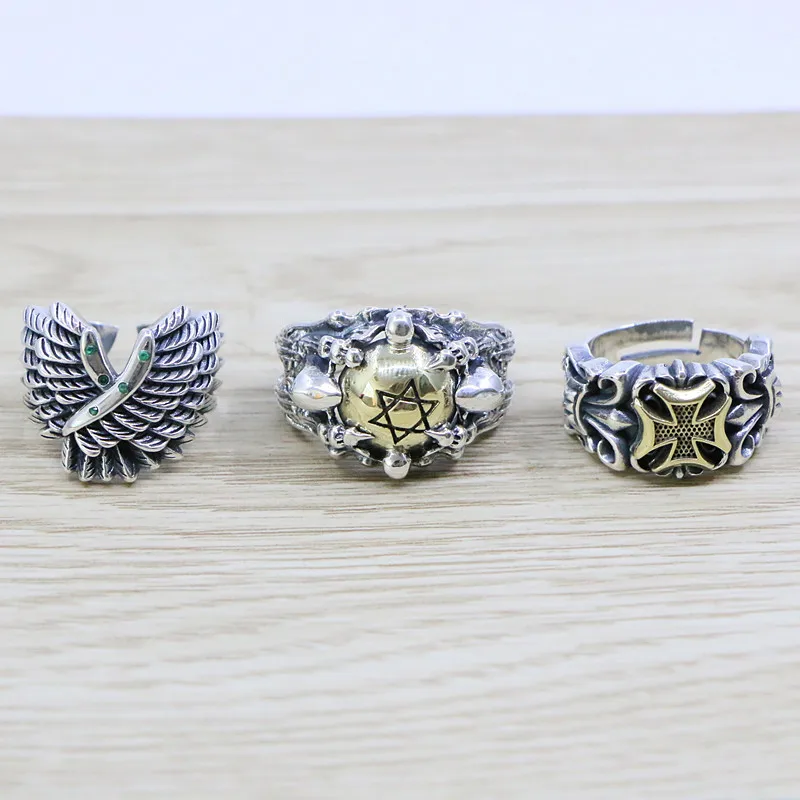 Nightclub punk style exaggerated skull head six-star wing ring Male overbearing retro cross ring trendsetter