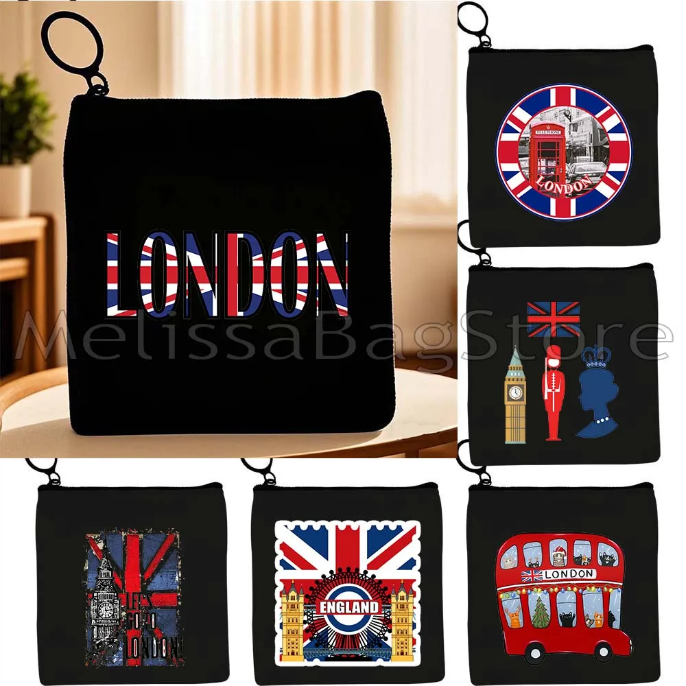 

London England Flag Map Skyline United Kingdom Bus Big Ben Bridge Phone Booth Gifts Canvas Key Coin Purse Cute Bag Wallet Pouch