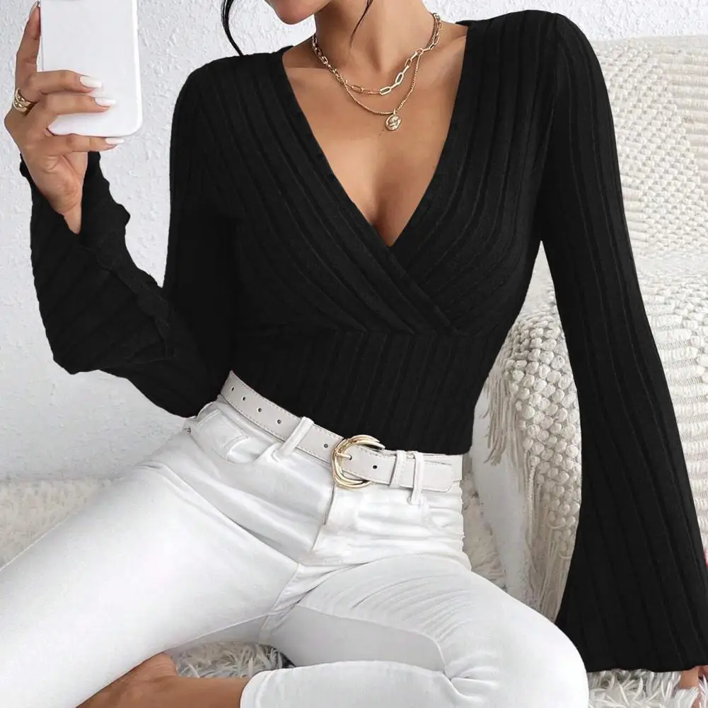 Women Bottoming Tops V-neck Flared Long Sleeve Slim Fit Knitting Tops Solid Color Autumn Winter Blouse view 2