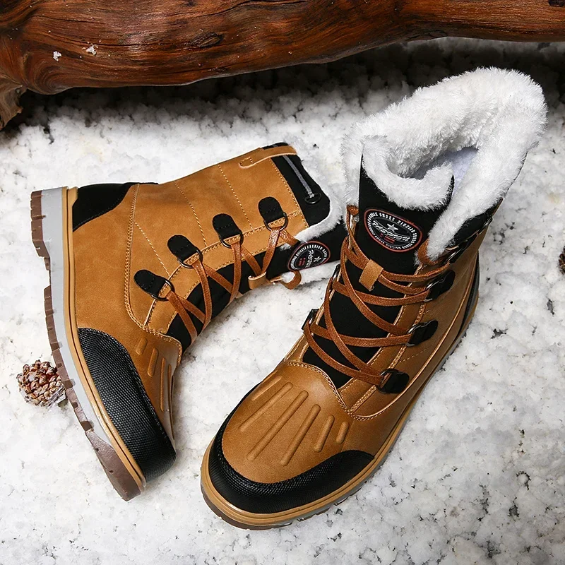 Fashion Men's Winter Boots Warm Fur High-top Snow Boot Men Waterproof Leather Platform Boots Outdoor Non-slip Men Winter Shoes