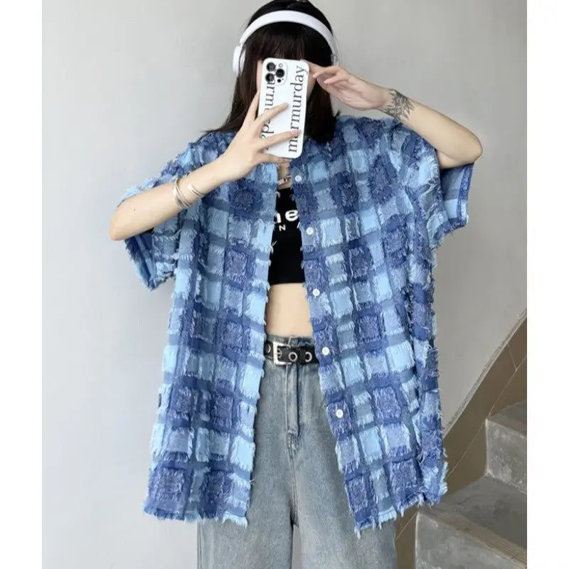 Summer Solid Color Short Sleeve Shirts Ladies Fashion Tops Streetwear Blue Plaid Women's Clothing Young Style Straight Blouses