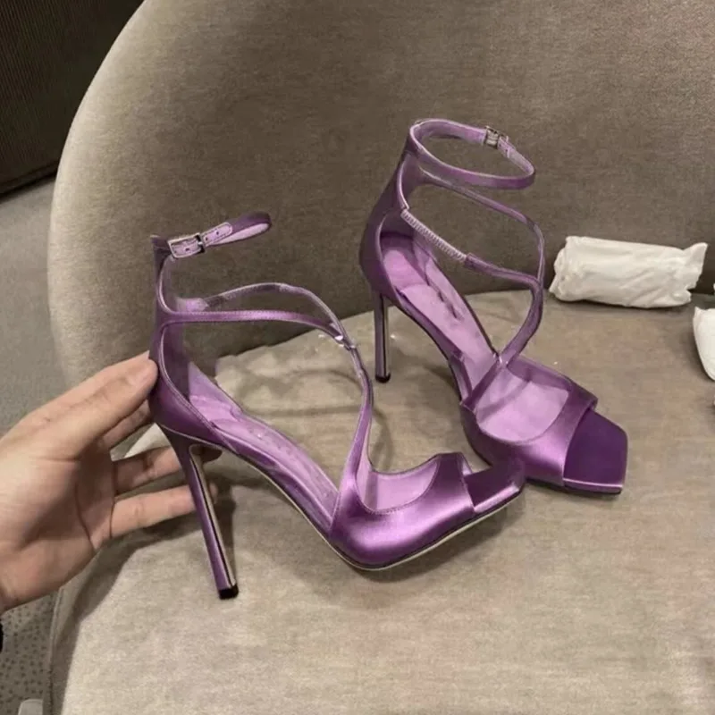 Women High Heel Sandals 2026 Summer Purple Open Toed High Heels Luxurious Sexy Dress Shoes for Women Fashion Square Head Sandals