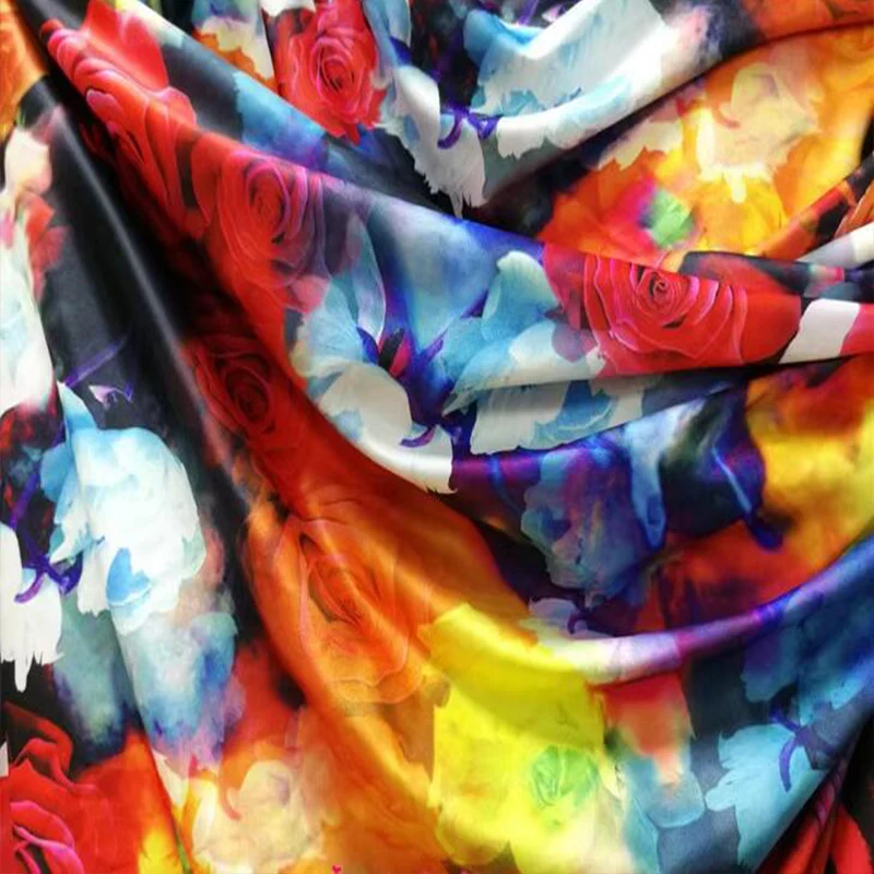 Good Draping 4 Way Elastic Encrypted Milk Silk Knit Fabric Big Colorful Red/Green Flowers Printing Fabric Diy Sewing Dance Dress