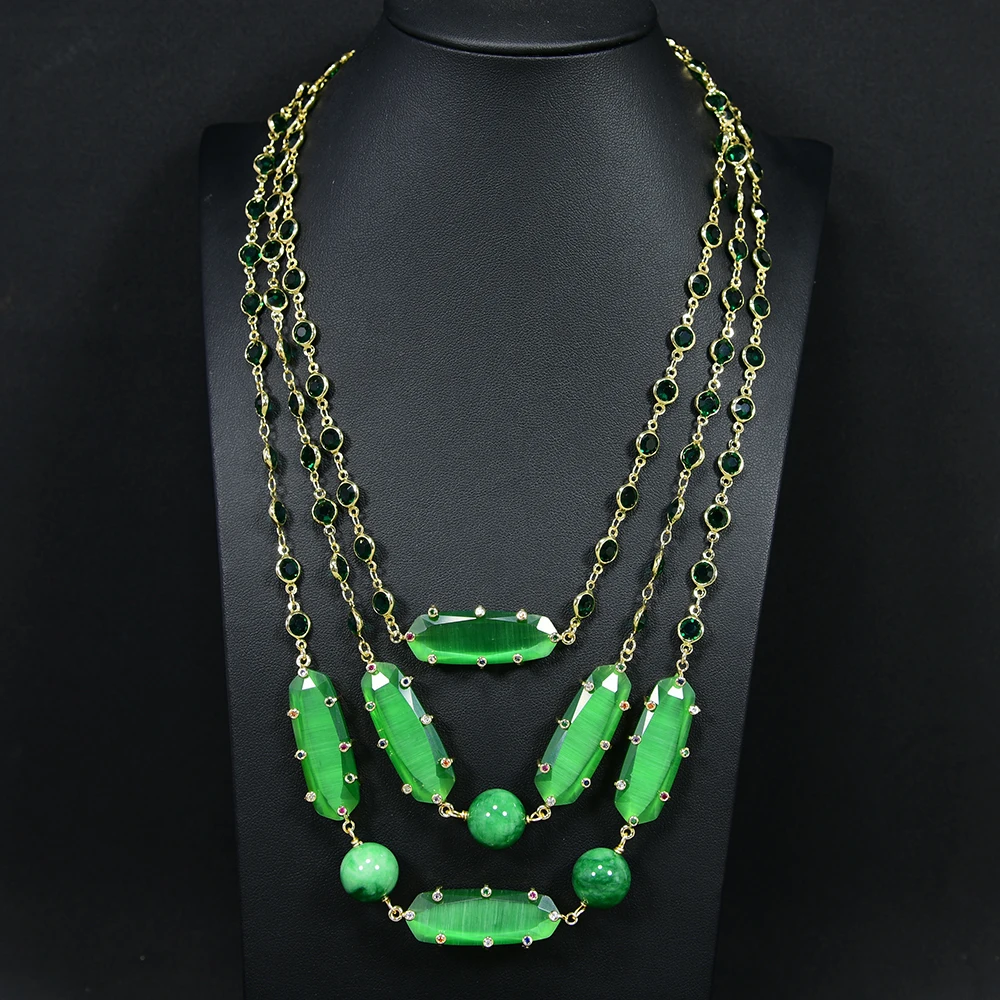 

G-G 20" 3 Rows Green Crystal Bezel Set Gold Plated Chain Green Cat Eye Cz set Jade Necklace For Women