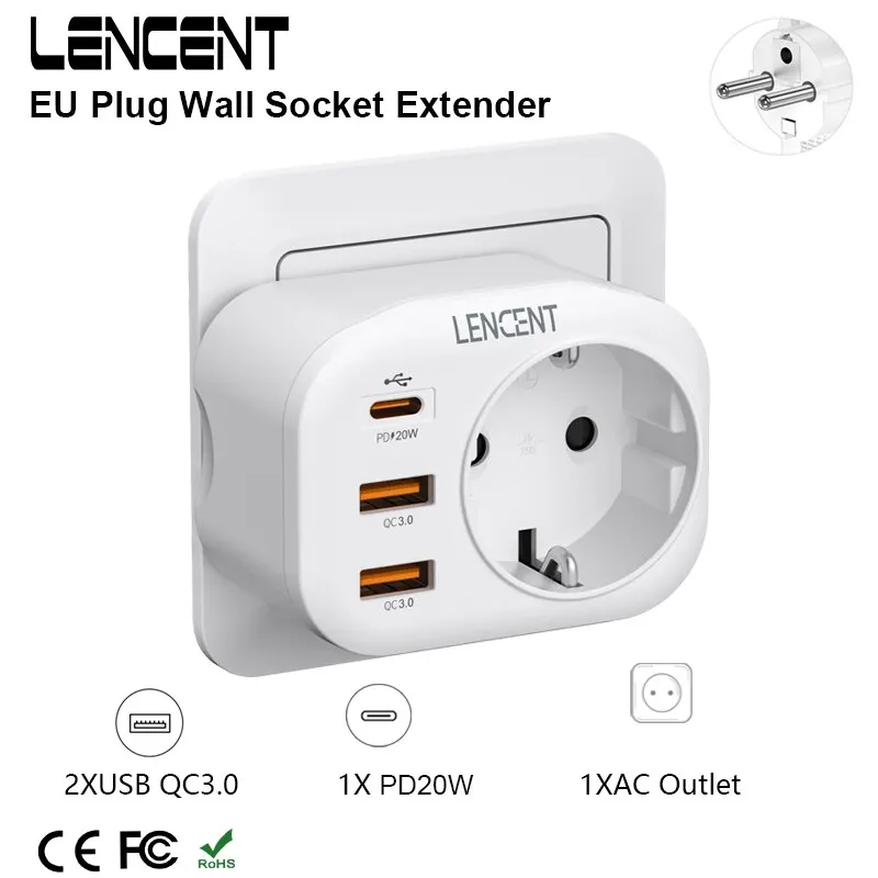 LENCENT EU 플러그 벽 소켓 확장기(AC 콘센트 1개 포함) USB QC3.0 2개 및 C형 PD 20W 멀티 소켓 고속 충전기 1개(가정 여행용)