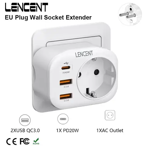LENCENT EU 플러그 벽 소켓 확장기(AC 콘센트 1개 포함) USB QC3.0 2개 및 C형 PD 20W 멀티 소켓 고속 충전기 1개(가정 여행용)
