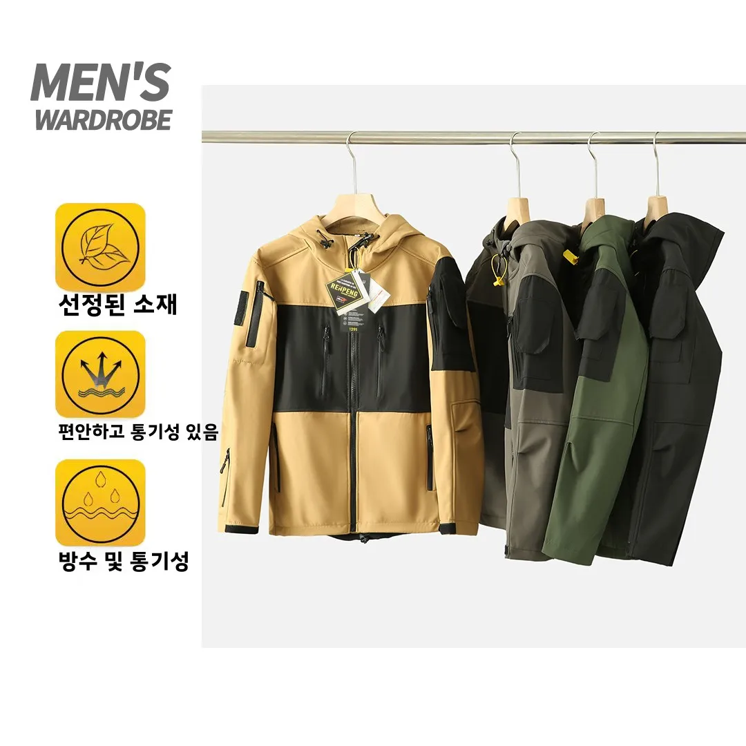 سلسلة القائد التكتيكي للرجال في الهواء الطلق مقاومة للرياح ومقاومة للماء معطف بقلنسوة ناعم من El Jaet قابل للعطلات الحضرية للخريف والشتاء