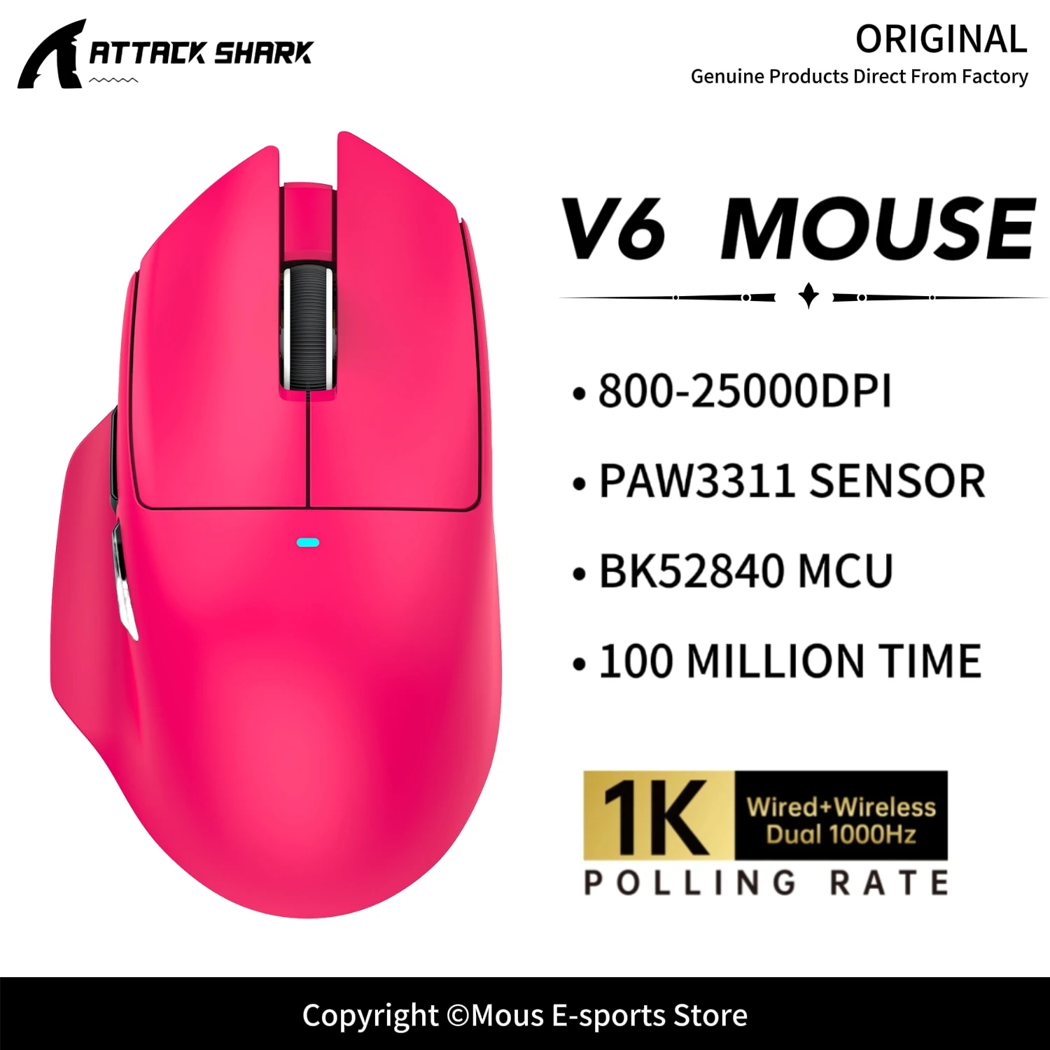 V6 ATTACK SHARK Wireless Bluetooth Mouse BK52820 MCU 25000DPI 1000Hz Polling Rate Right-Hand Ergonomic Web Driver Mouse