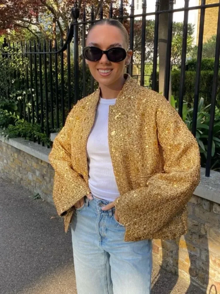 Elegant Sequin Gold O Neck Jacket For Women Fashion Loose Long Sleeve Coat 2023 Autumn Winter Street Female Chic Outwear