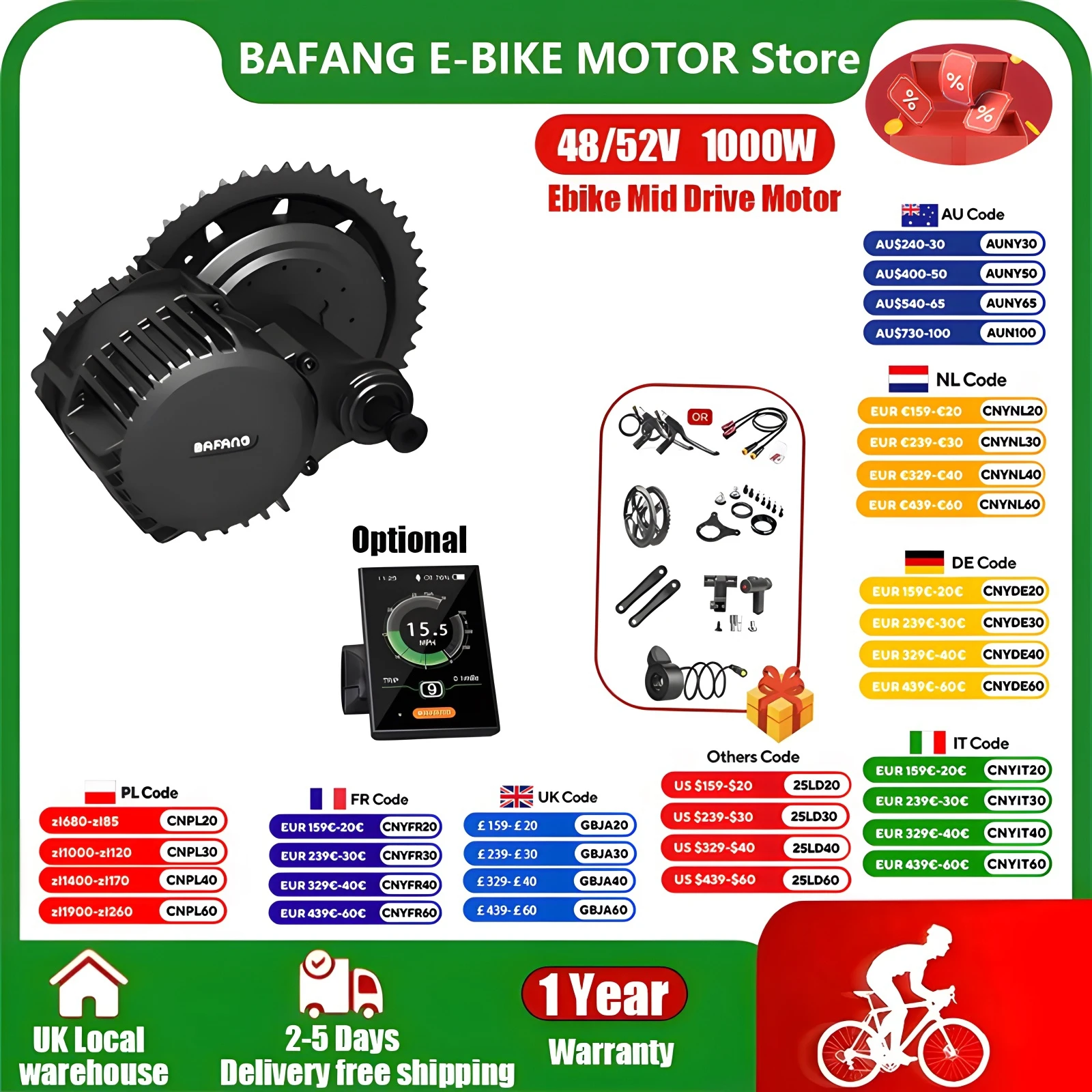 Bafang BBSHD 48V 52V 1000W Mid Drive Motor Kit Ebike Electric Bike Bicycle Conversion Kit