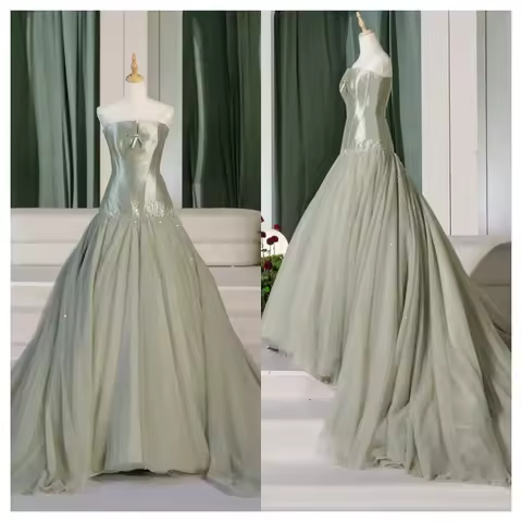 Customized Graceful Green Tulle Evening Dress Formal Strapless Sleeveless Prom Dress High Quality Floor Length Celebri