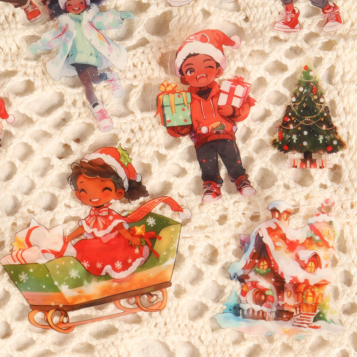 64 Stück Kunstdruckpapier und PET Weihnachtsfeier transparente Dekoration selbstklebende Aufkleber, für Scrapbooking-Zubehör, DIY-Handwerk – Detail 3