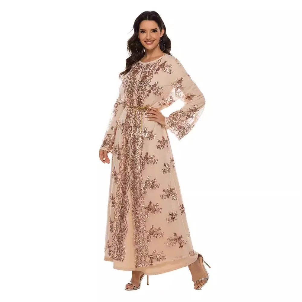 Eid Muslim Sequin Embroidery Kimono Cardigan Abaya Dubai Light Luxury Elegant Long Dress Turkish Flared Sleeve for Women Dresses