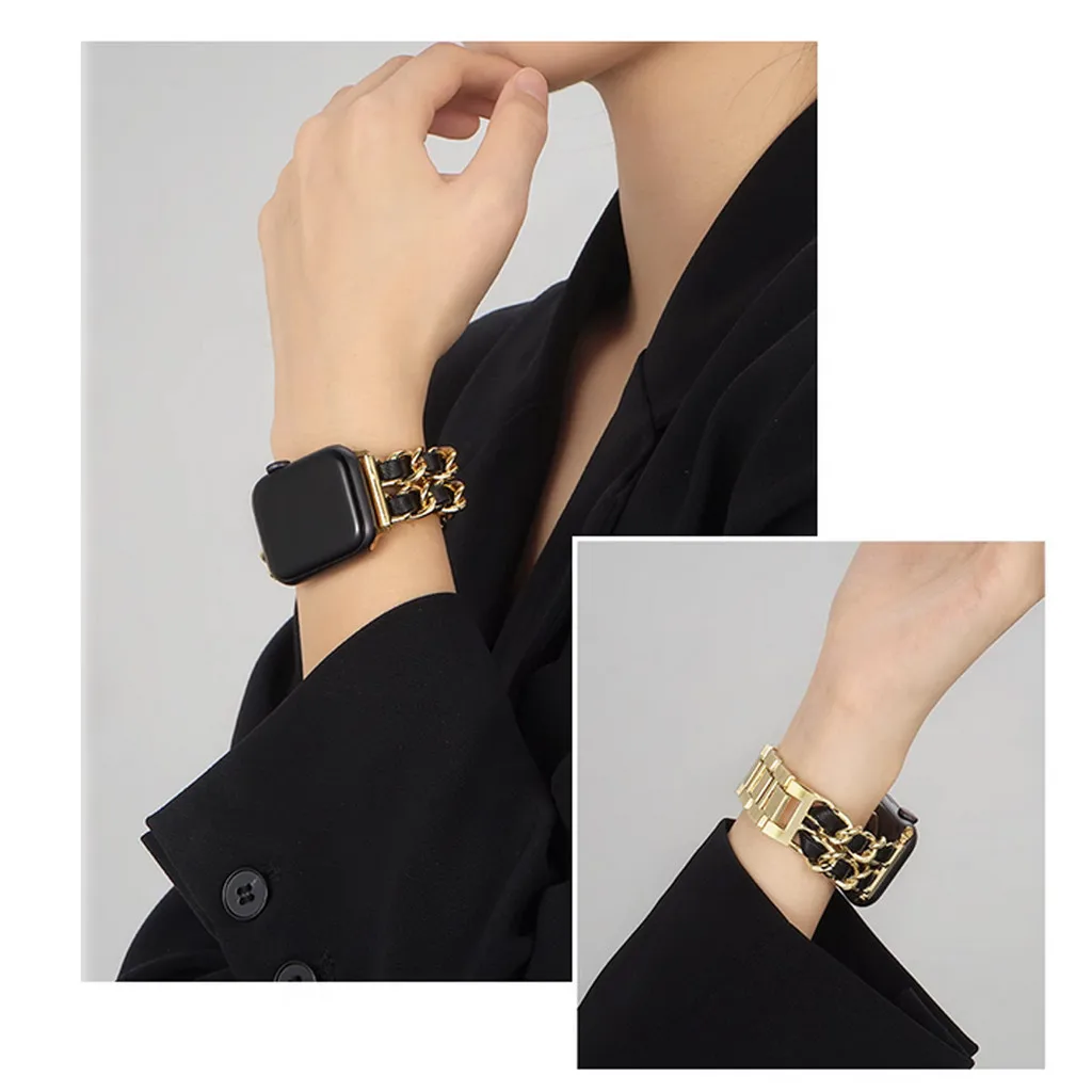 Geschikt voor Fitbit Versa 2/Versa Lite/Versaa 1/SE hoogwaardige lederen band, metalen ketting, modieus en voortreffelijk