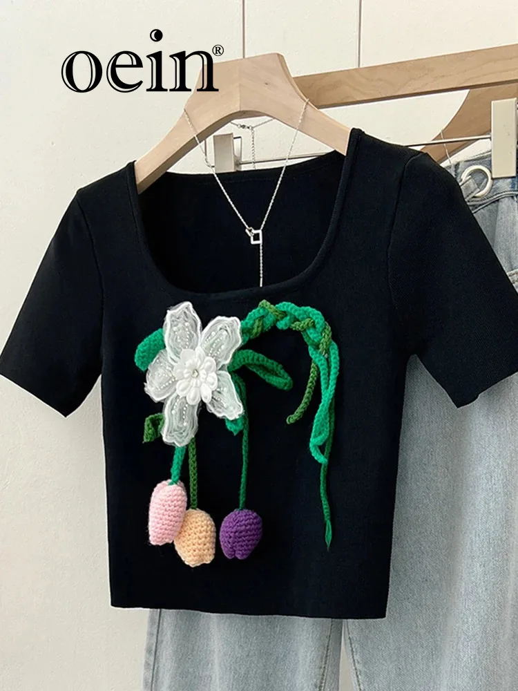 

[oein] 2024 Autumn Summer New Light Luxury Fashionable Three-dimensional Hand Hook Flower Short Sleeved T-shirt For Women,