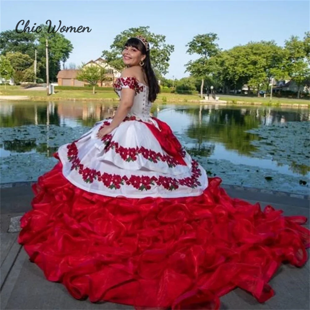 Mexican White With Red Quinceanera Dress Off Shoulders Ball Gowns Beaded Tiered Ruffle 15 Birthday Party Dress Charro Customized