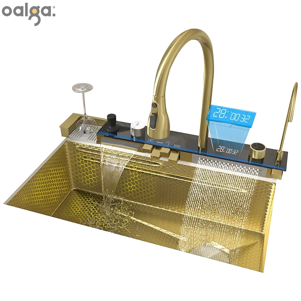 Golden Kitchen Sink Multifunctional Stainless Steel Waterfall Sink Embossed Digital Display Large Single Slot Gold Wash Basin