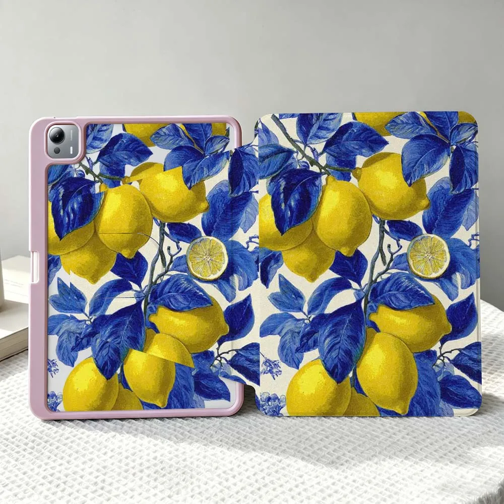 Luxury Lemon Pattern For Xiaomi Mi Redmi Poco Pad 8 7 7S 6 6S 5 SE Pro Ultra 360° Rotation Stylus Storage Tablet Case Soft