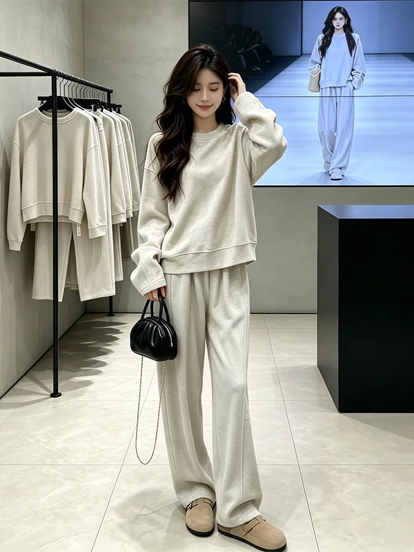 Fashionable Long Sleeve Sweatshirt And Wide Leg Pants Two Piece Set Spring Autumn New Arrival Breathable Comfortable round Ne...