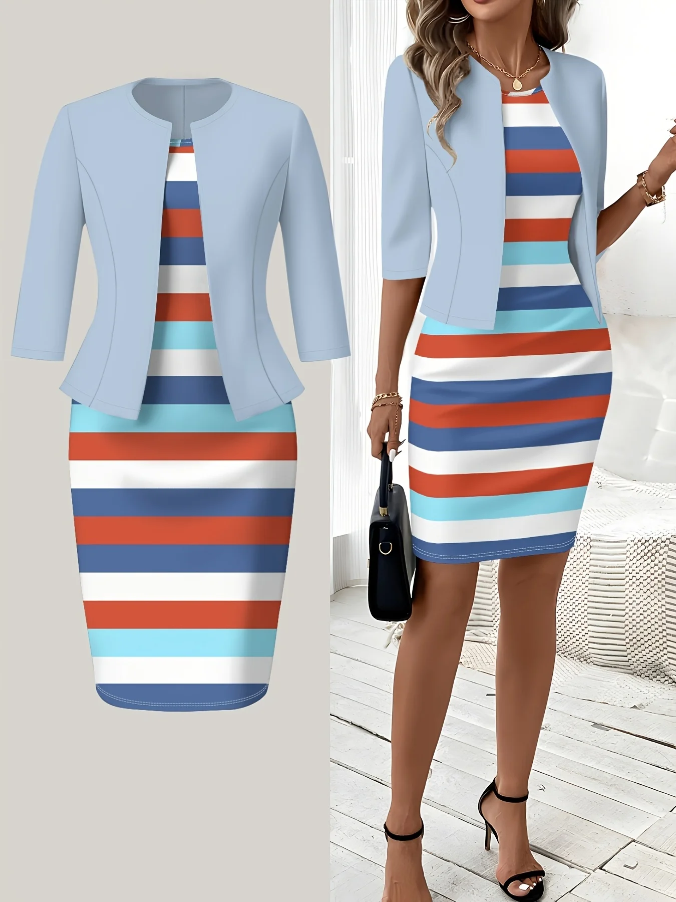 Print Design Casual Style Colorful Horizontal Stripe Print Round Neck Tank Dress Set