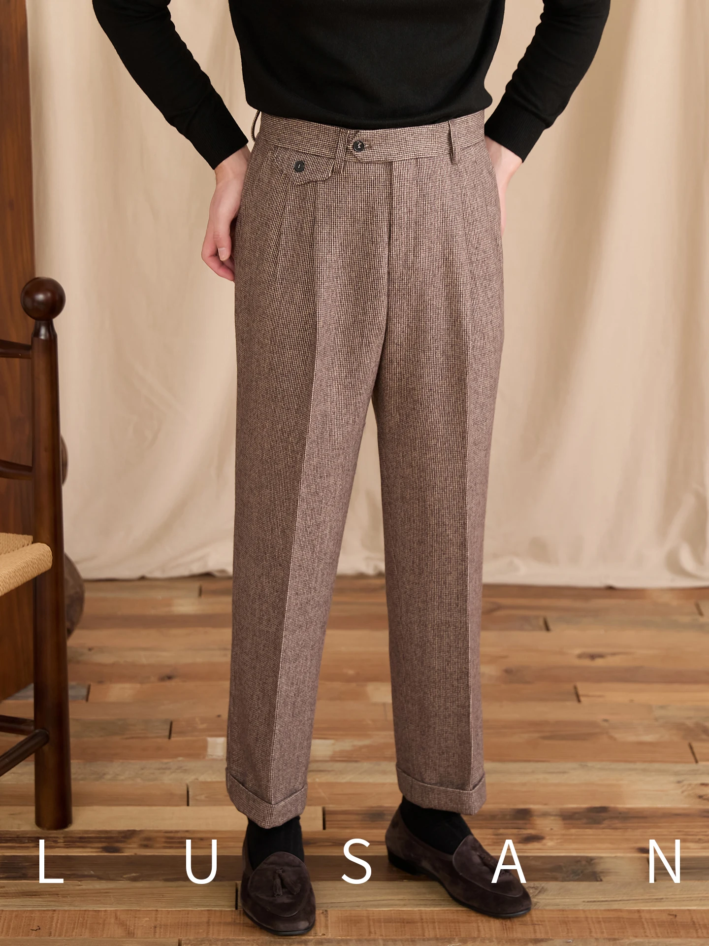 High Quality Autumn and Winter Houndstooth Wool Trousers Men's High Waist Straight Pants British Trousers Woolen Casual Pants