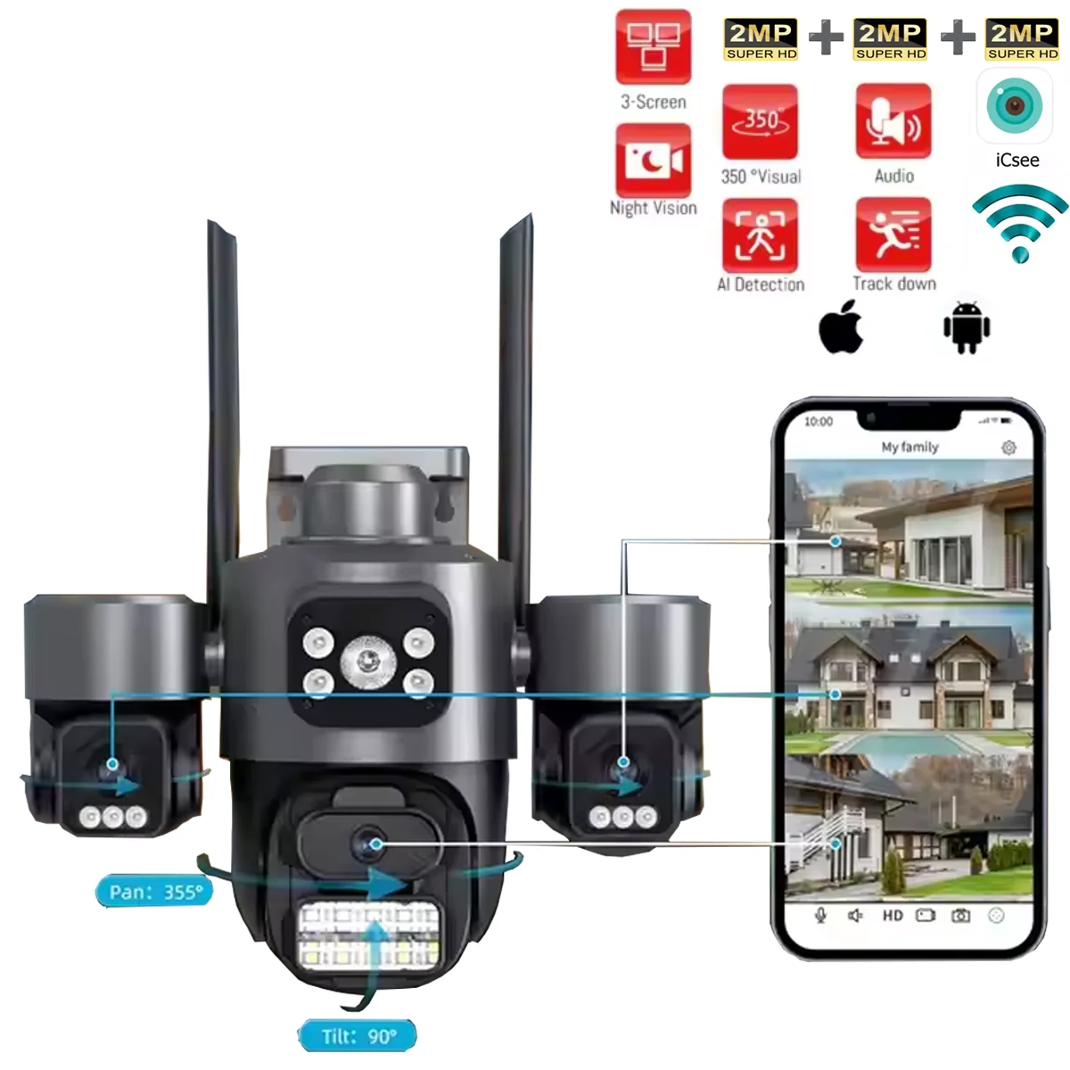 

Solar Security Camera Triple Lens 6MP, 355° PTZ + AI Tracking, Color Night Vision, Free Cloud Storage, IP66, 3-Way Connect