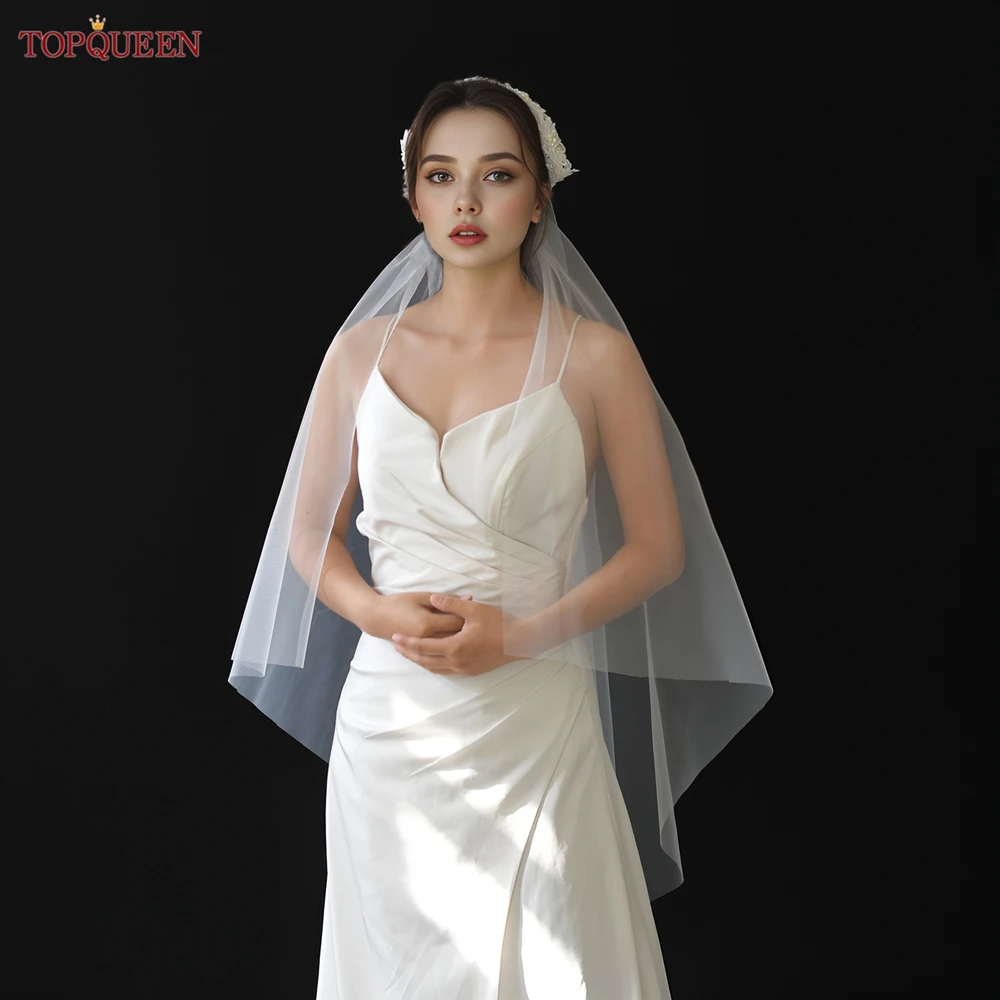 TOPQUEEN Bridal Outdoor Wedding Accessories Flower Pearl Lace Edge Ivory Veil Single Short Super Soft Veil With No Comb V253