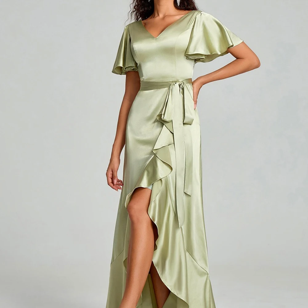 

Exquisite Belt Off the Shoulder Satin Evening Dresses Fashion A-Line Floor Length V-Neck Short Sleeves Vestidos De Fiesta