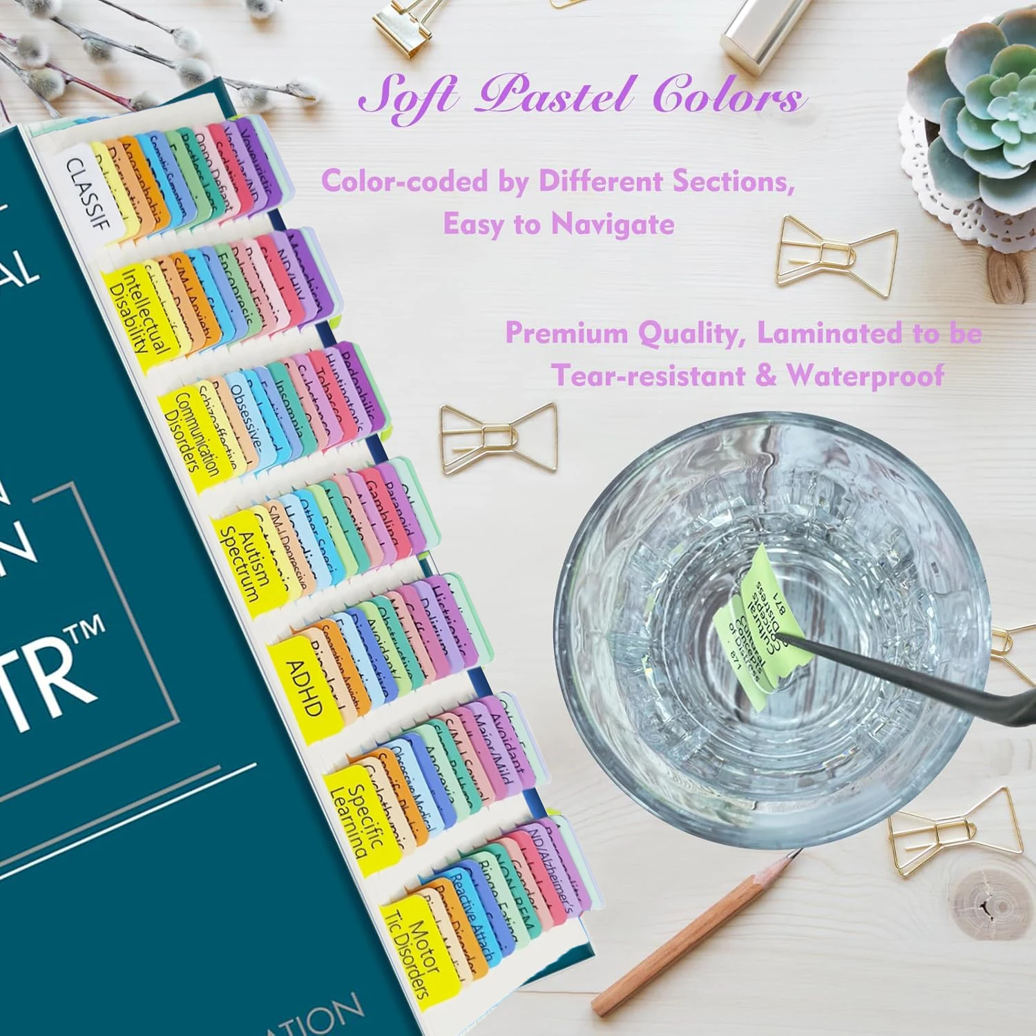 Zakładki indeksowe dla DSM-5-TR, zakładki indeksowe DSM-V-TR z kodem kolorystycznym z przewodnikiem po wyrównaniu i arkuszem opisu zaburzeń oraz pustymi zakładkami. (100szt）