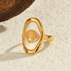 Seakissky Simple Fashion Metal Shell Gold Plated Stainless Steel Open Ring Women Charming Daily Party Jewelry Accessories Gifts