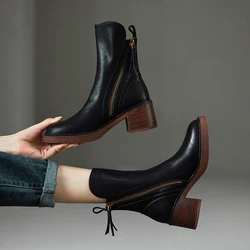 2024 Autumn Winter Women Shoes Leather Short Boots for Women Round Toe Chunky Heel Boots Zipper Ankle Boots Female Platform Heel