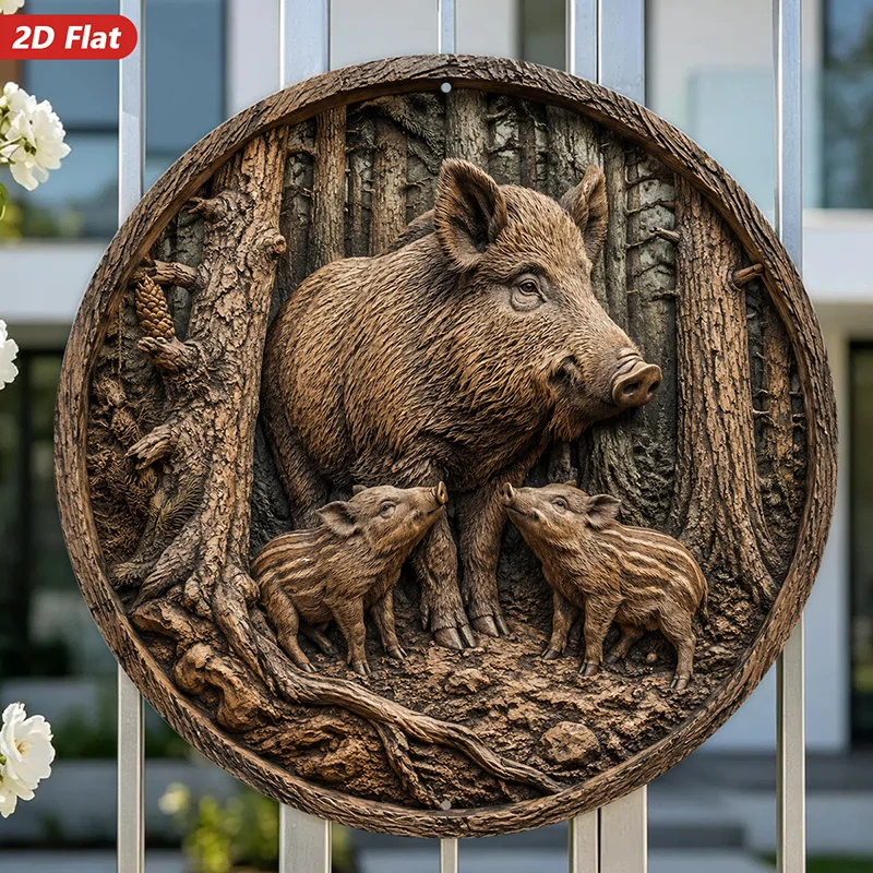 2D Flat, 1pc Round Metal Sign Wall Art, Wild Boar Family Decorative Wall Art, Rustic Style, Woodland Theme, Home Decor