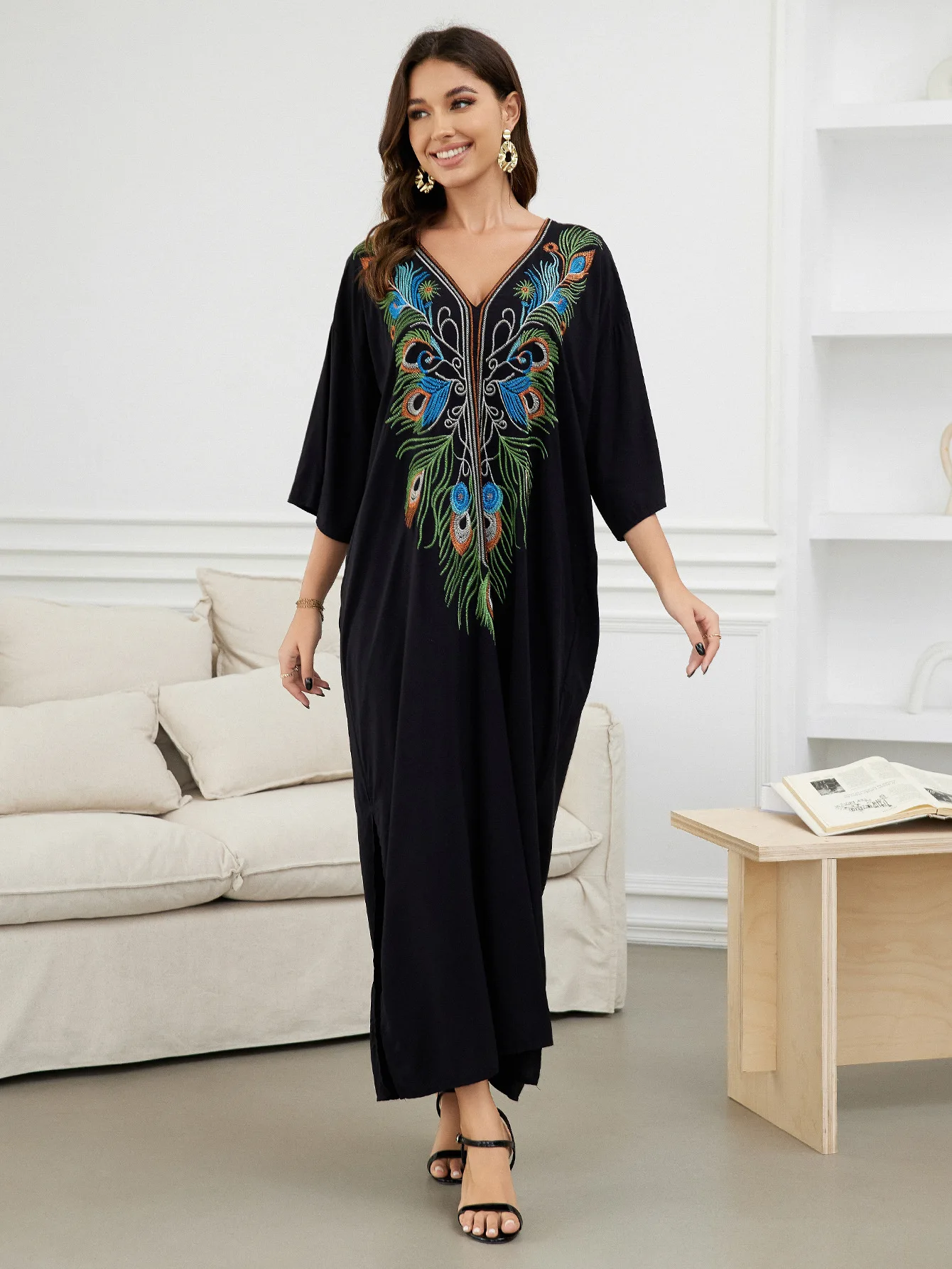 Vestido feminino chique bordado solto de kaftan preto, cobertura boêmia de maiô, roupeiro aconchegante, roupa de verão, vestido de praia de verão 2024