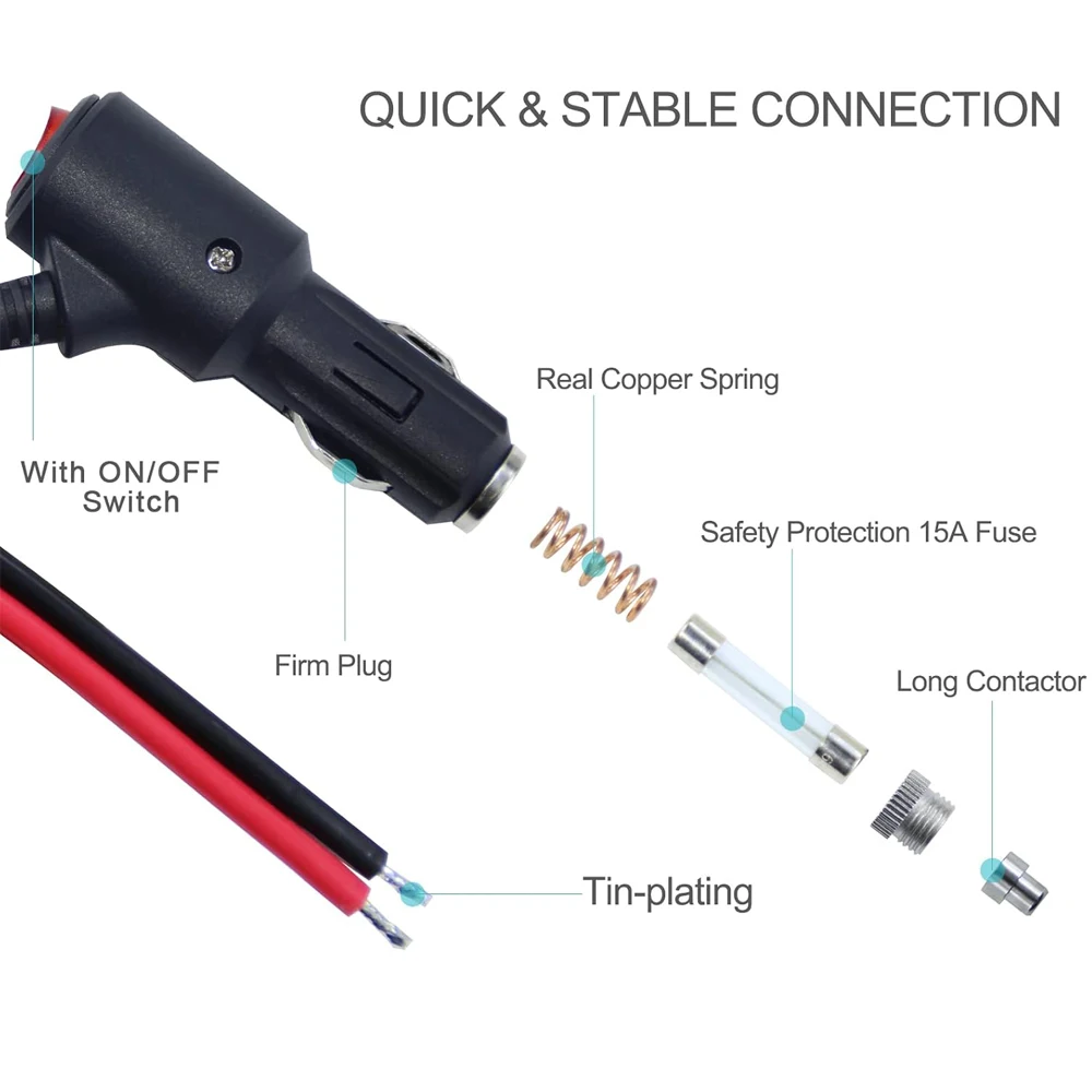 قابس ولاعة سجائر السيارة 12 فولت/24 فولت تيار مستمر مع سلك نحاسي مع سلك محول طاقة عالي التحمل 18AWG، 50 سم / 19.69 بوصة #4