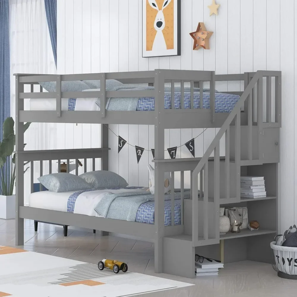 

Bunk Beds Twin Over Twin with Stairs, with Storage and Guard Rail,for Kids, Bedroom, Dorm, Teens, Adults,Wood Bunk Bed Frame