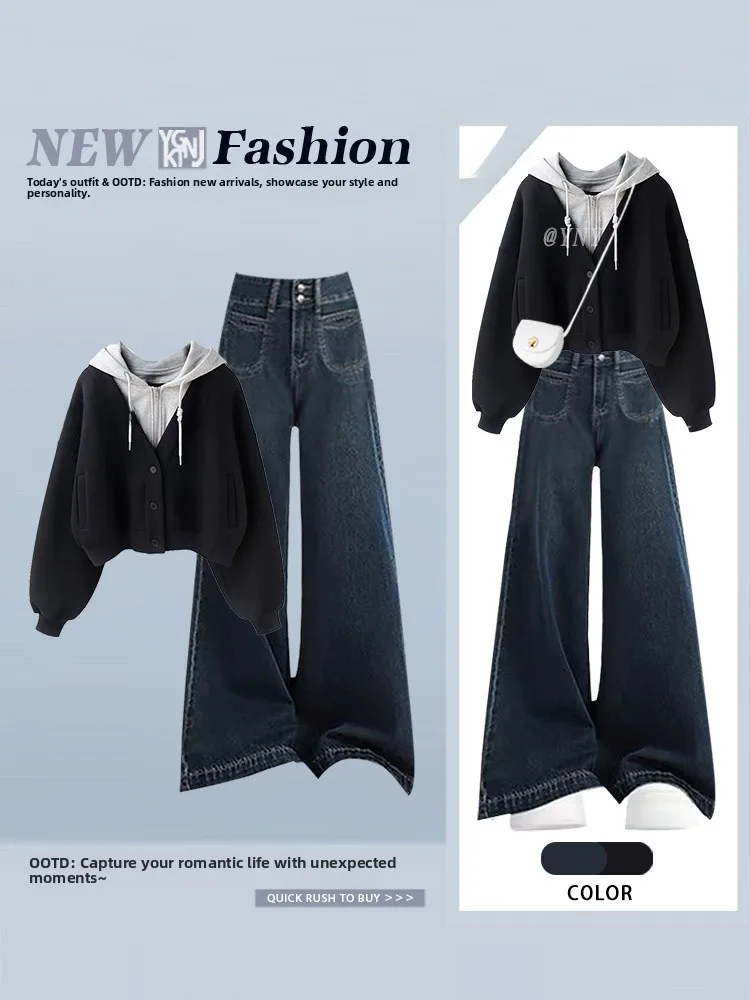 

Fall Winter Korean College Sle Hooded Long Sve Sweatirt Women High Waist Jeans Two Piece Set Casual Faion Ensemble