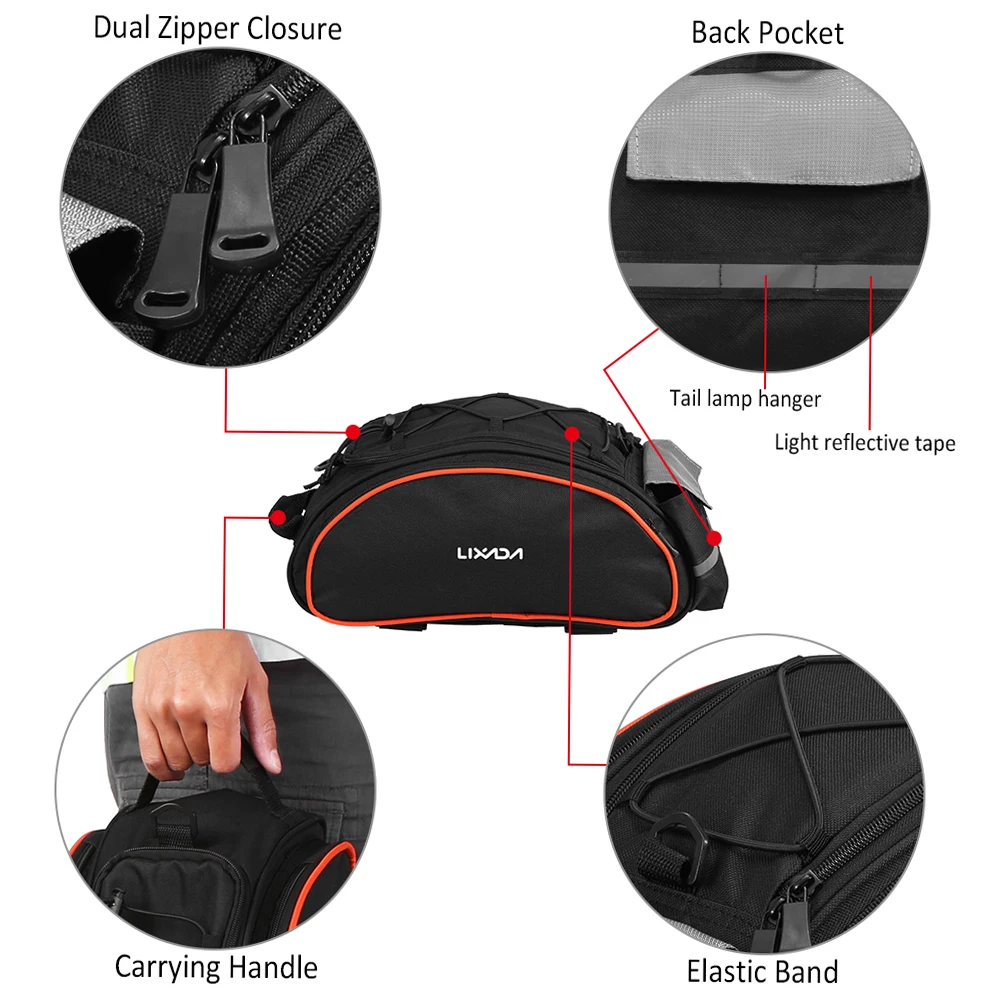 Lixada Bicycle Rear Seat Bag 13L Multifunctional Outdoor Cycling Rack Seat Bag Bike Rear Trunk Pannier Backseat Bag Handbag Bags