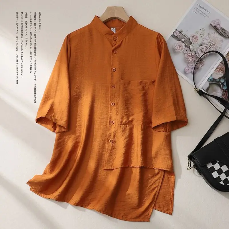 Chinese Style Cotton Linen Summer New Women\'s Stand Collar Button Spliced Asymmetrical Vintage Loose Three Quarter Shirt Blouse