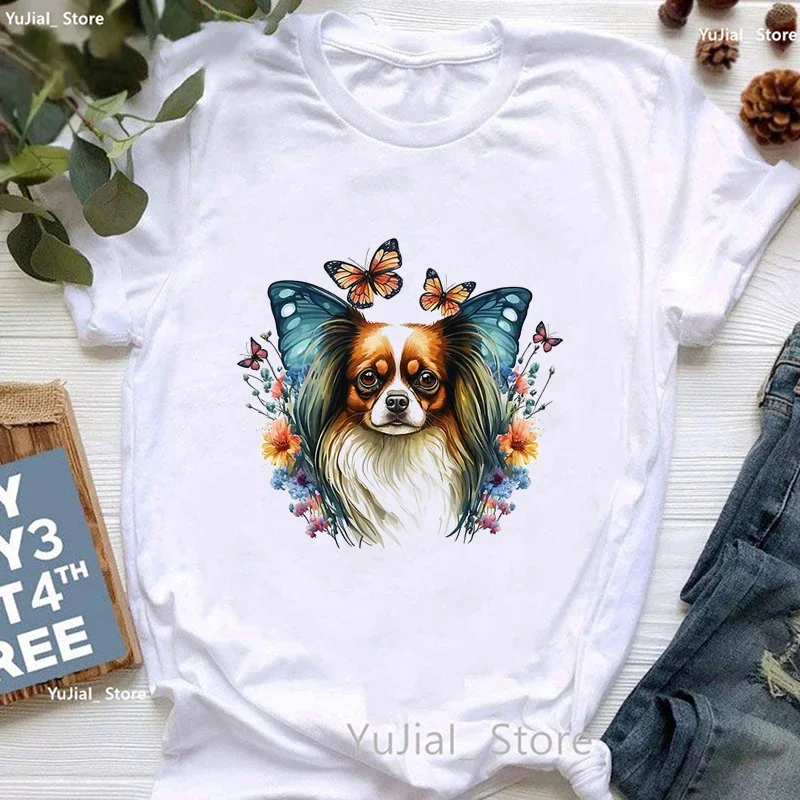 2024 Hot Sale Colorful Papillon Dog Flowers Butterfly Print T Shirt Women'S Clothing Summer Fashion Femme T-Shirt wholesale