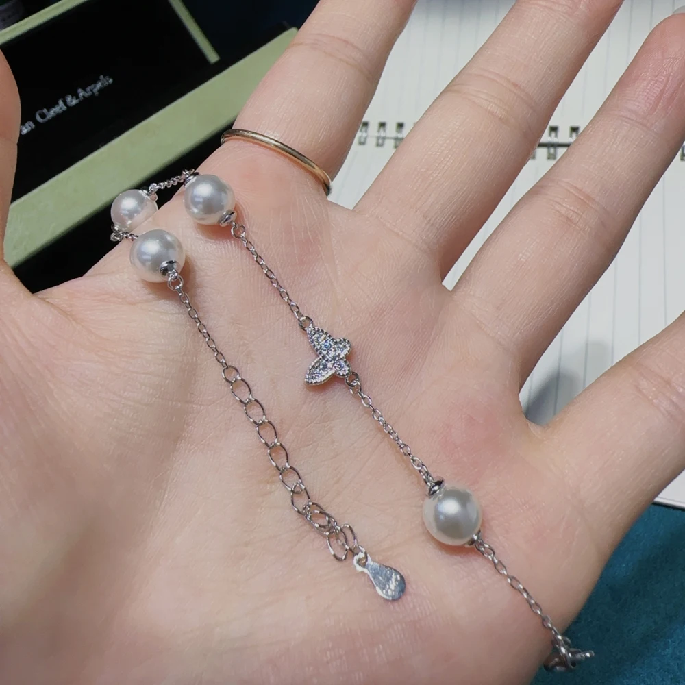 Natural Pearl Bracelet AAAA7-8mm Japanese Round Pearl Butterfly Bracelet 925s image 3