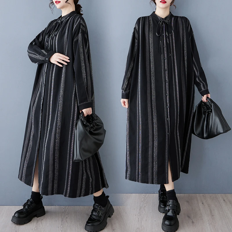 Vestido Csa Primavera 2025 Plus Size Aodão Linho Solto com Cinto Modelador Saia trada Estilo Vintage Manga Longa