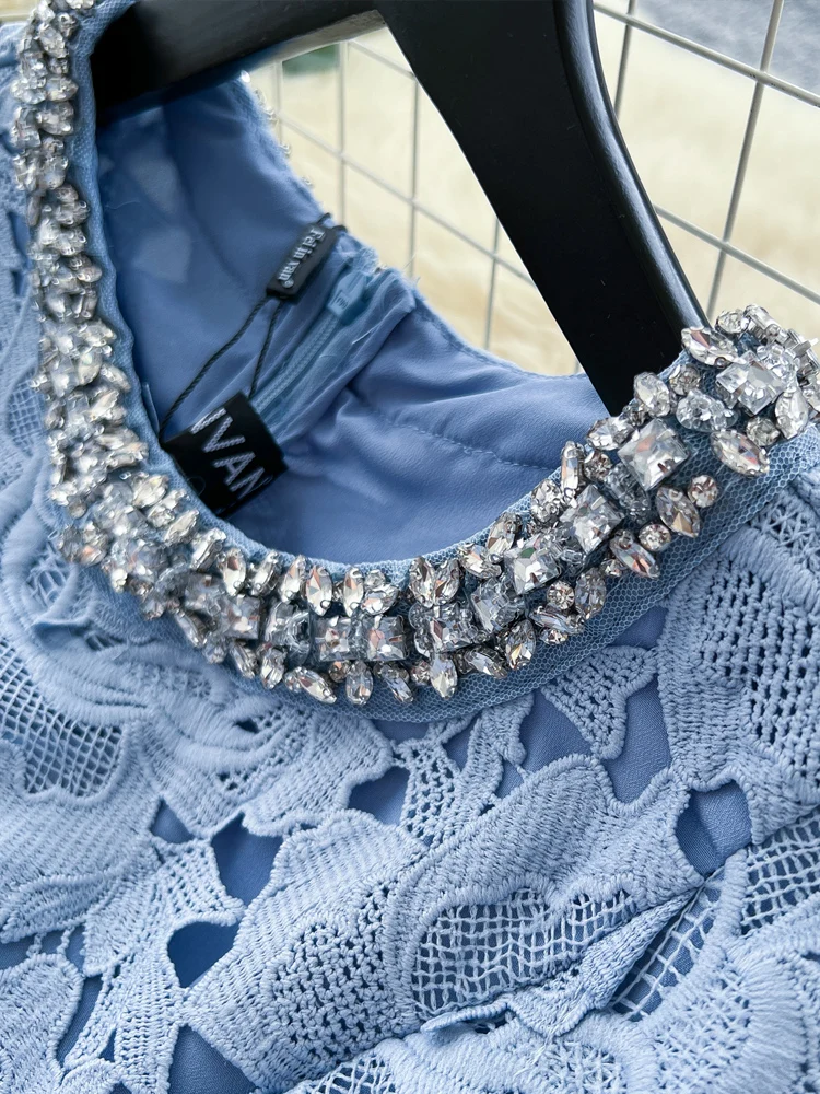 Luxury Hollow out Water-soluble lace dress Slim Women Rhinestone O-neck Sleeveless Mini dress Embroidery Lady vestidos 5D105